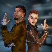 Miguel Montes and Tiffany Savage doing a quick pose before driving to Tijuana during the plot of Deus Ex: Machine God