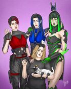 Blue Lexi Margo with with Red Lexi Margo and Veda